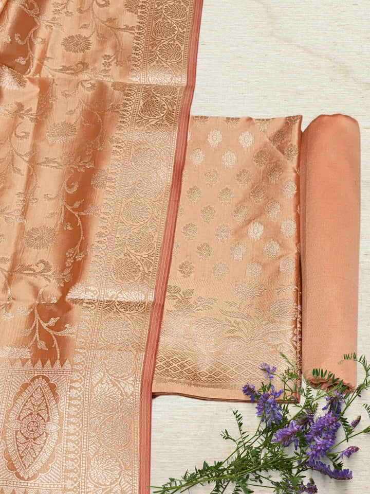 Two-toned Banarasi Silk Dress Material with Floral Woven Motifs & Jhalar dupatta