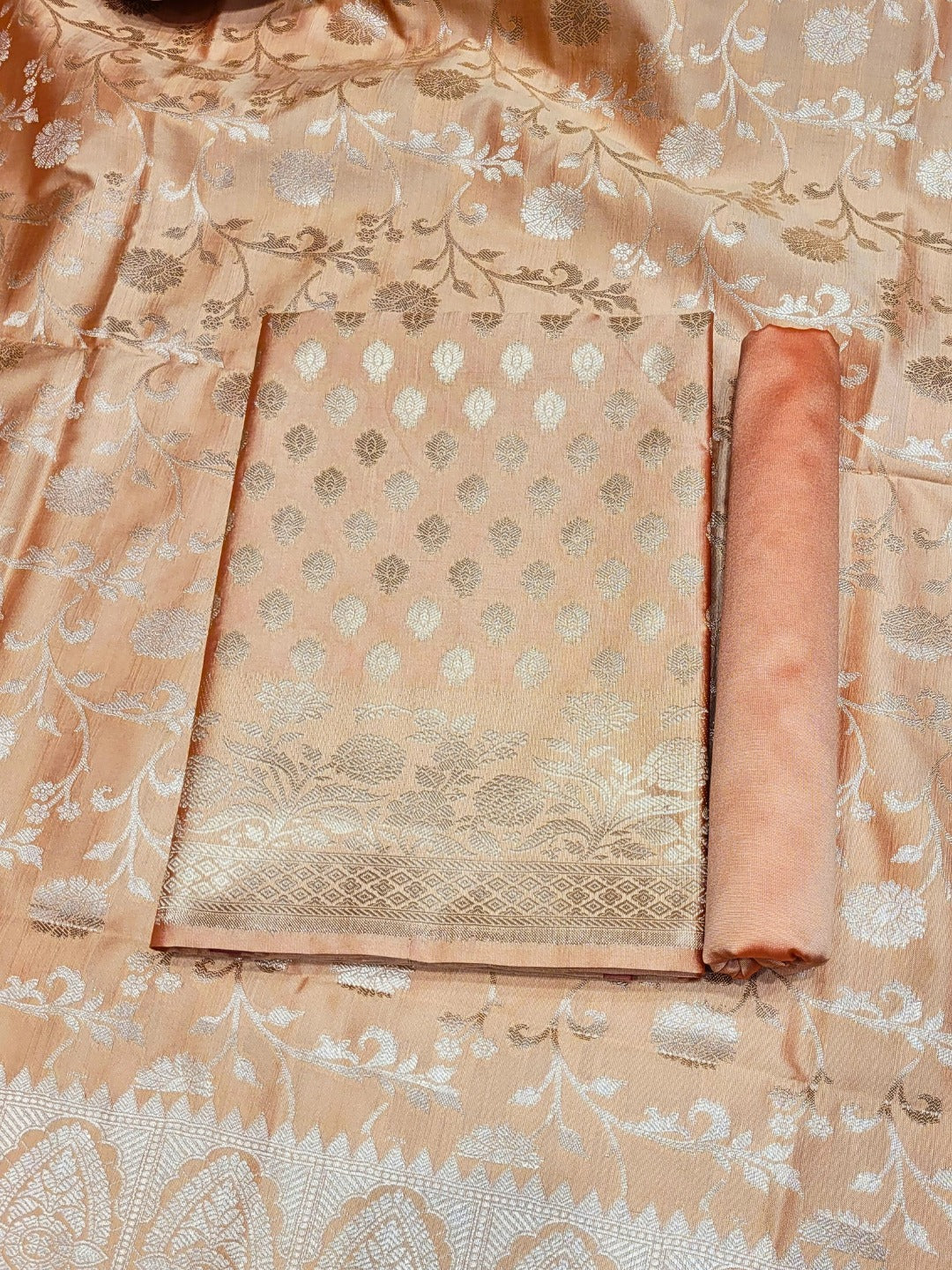 Two-toned Banarasi Silk Dress Material with Floral Woven Motifs & Jhalar dupatta