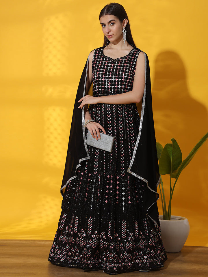 Black Multicolor Georgette Anarkali Gown with Crystal Embellishments