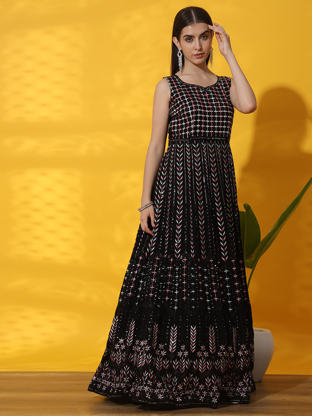 Black Multicolor Georgette Anarkali Gown with Crystal Embellishments