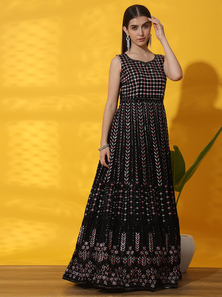 Black Multicolor Georgette Anarkali Gown with Crystal Embellishments