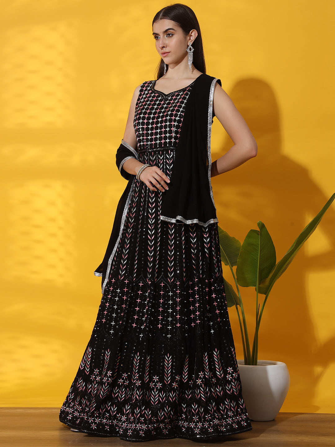 Black Multicolor Georgette Anarkali Gown with Crystal Embellishments