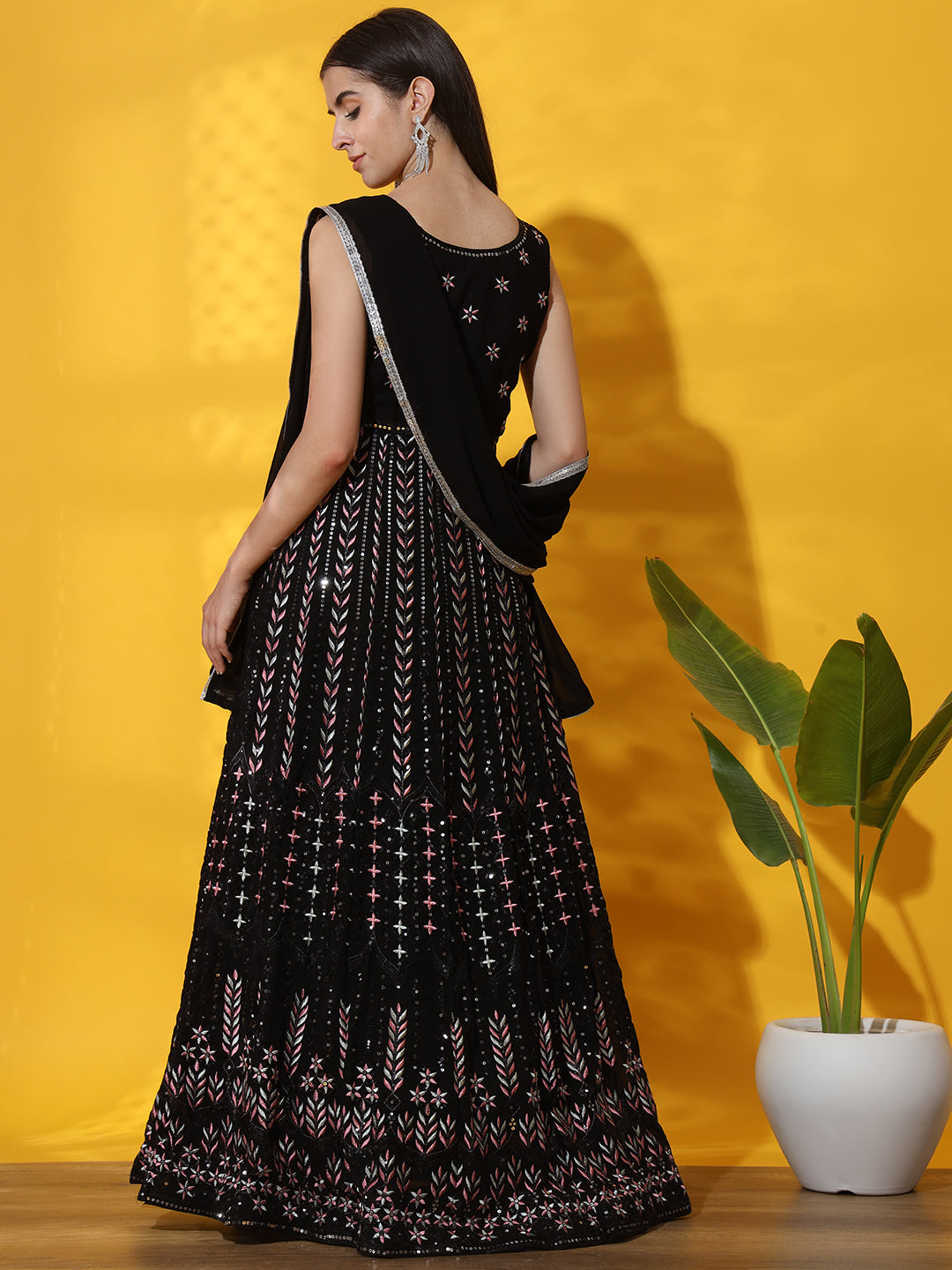 Black Multicolor Georgette Anarkali Gown with Crystal Embellishments