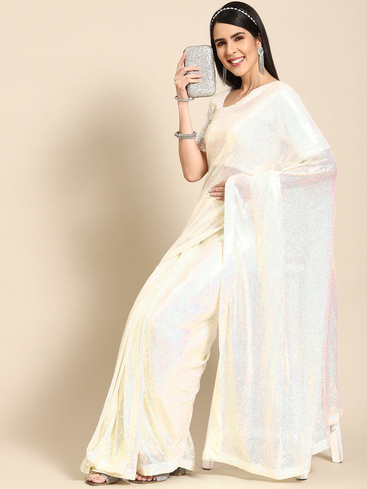 White Bling Metallic Sequin Embellished Cocktail Net Saree