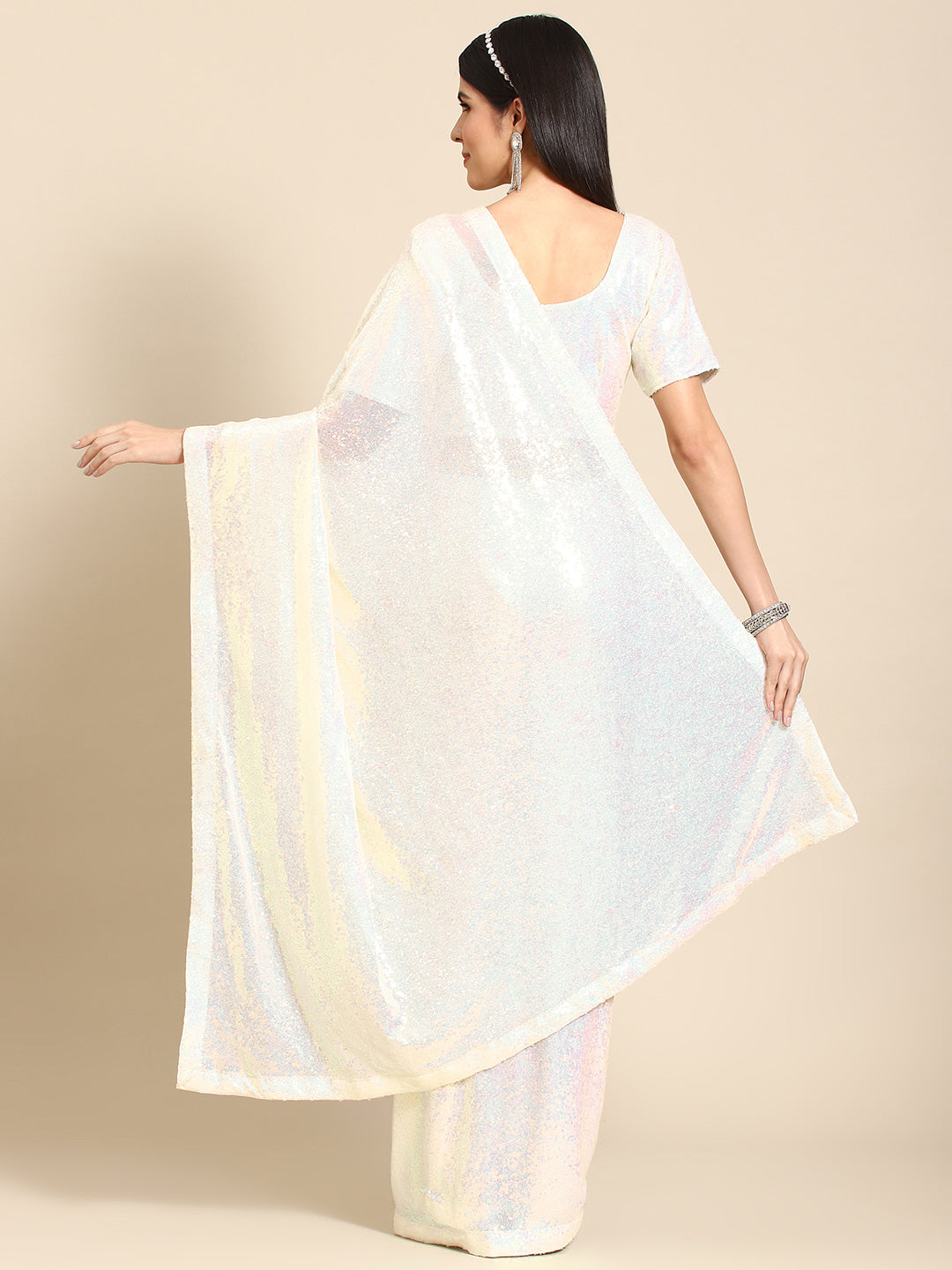 White Bling Metallic Sequin Embellished Cocktail Net Saree
