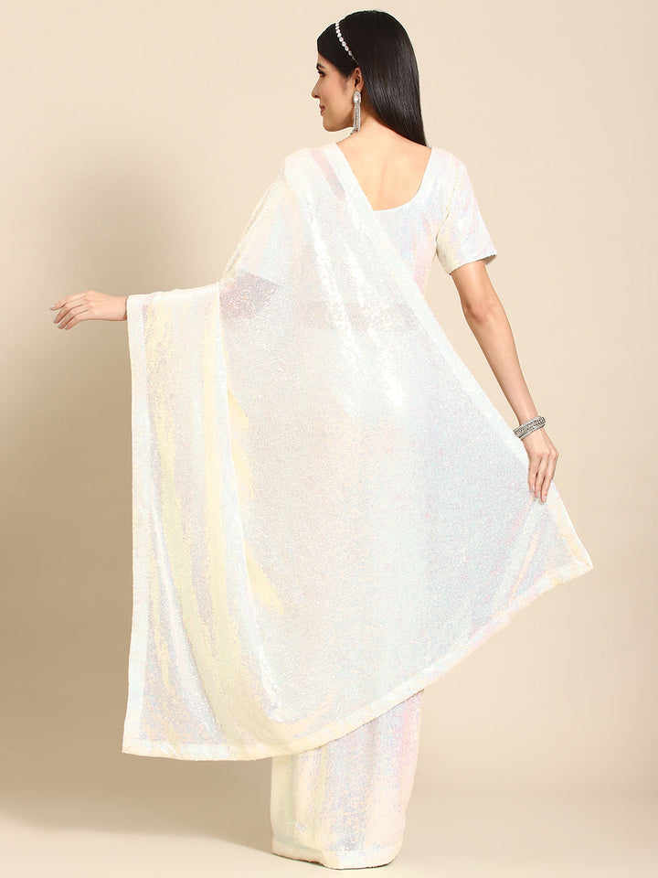 White Bling Metallic Sequin Embellished Cocktail Net Saree