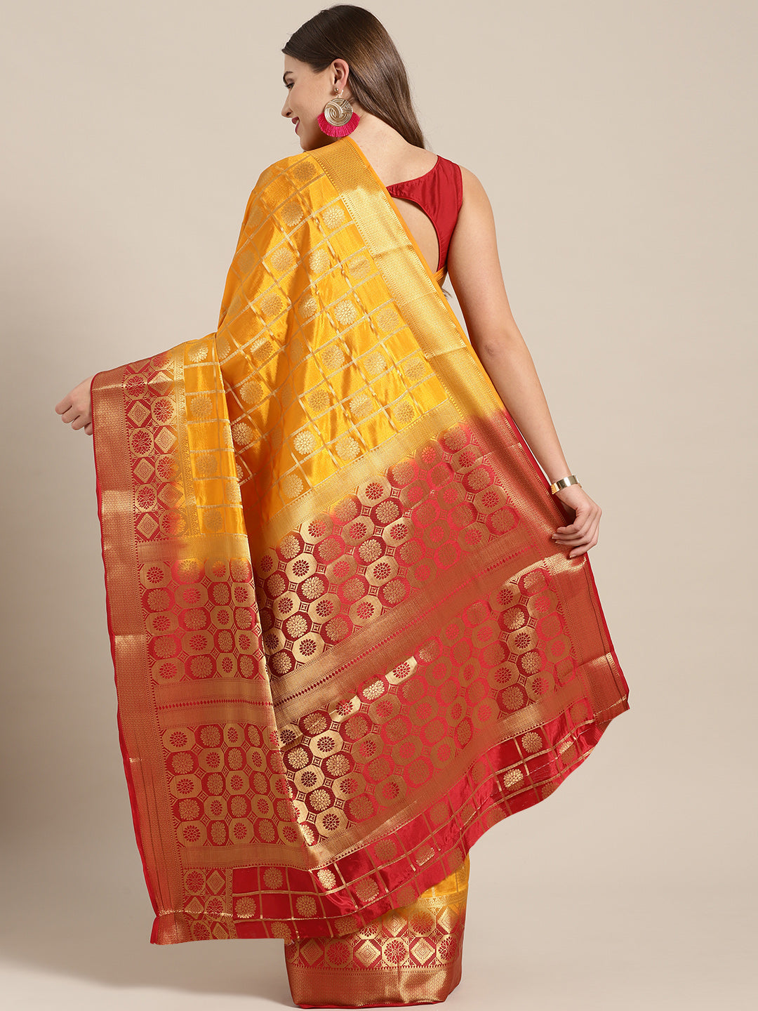 Checked Gharchola Pattern Banarasi Saree with Gold Zari Weaving