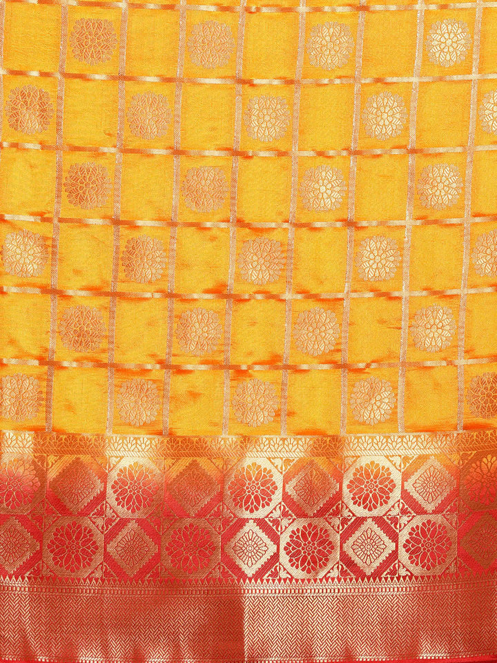 Checked Gharchola Pattern Banarasi Saree with Gold Zari Weaving
