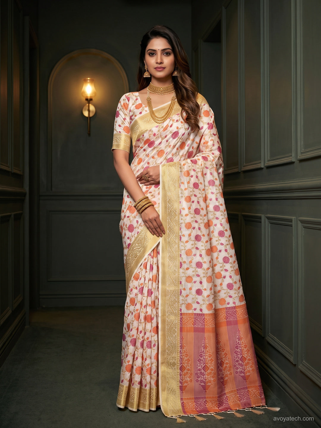 White Floral Woven Silk Saree with Golden Zari Border