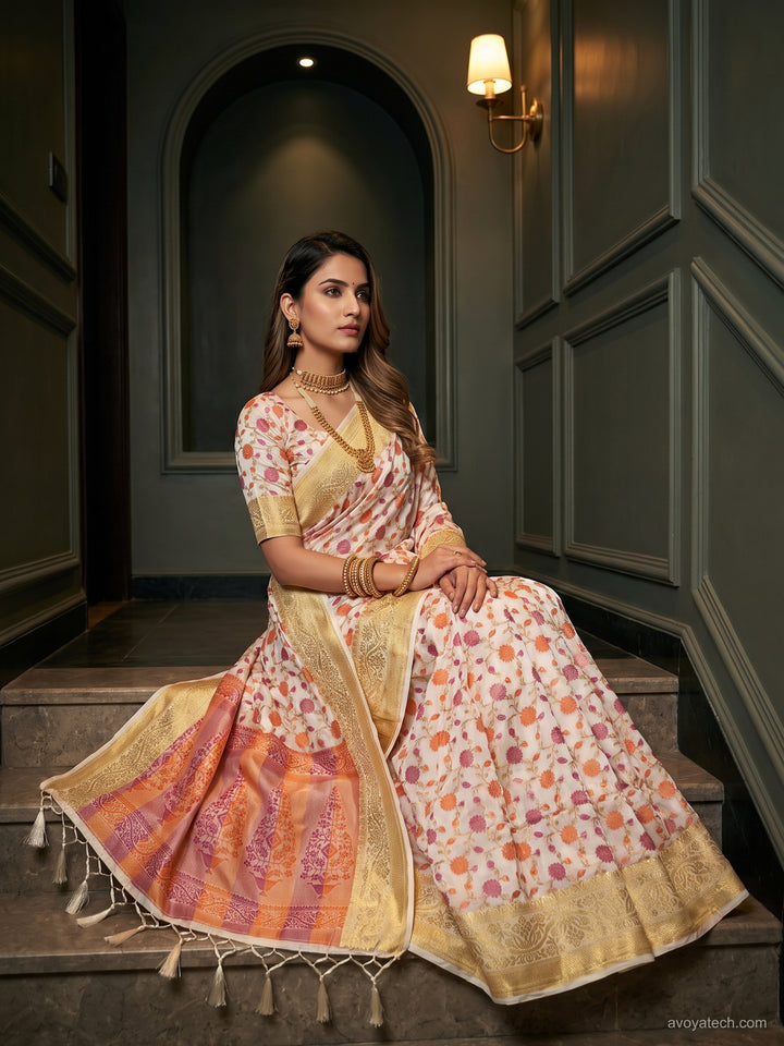 White Floral Woven Silk Saree with Golden Zari Border