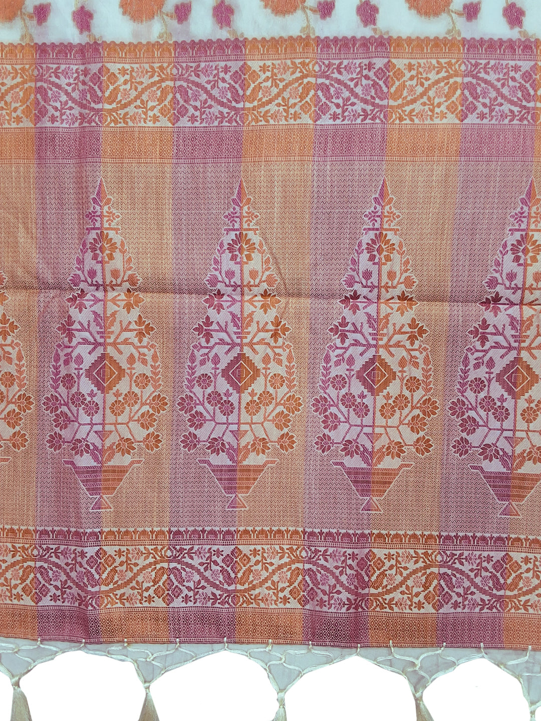 White Floral Woven Silk Saree with Golden Zari Border