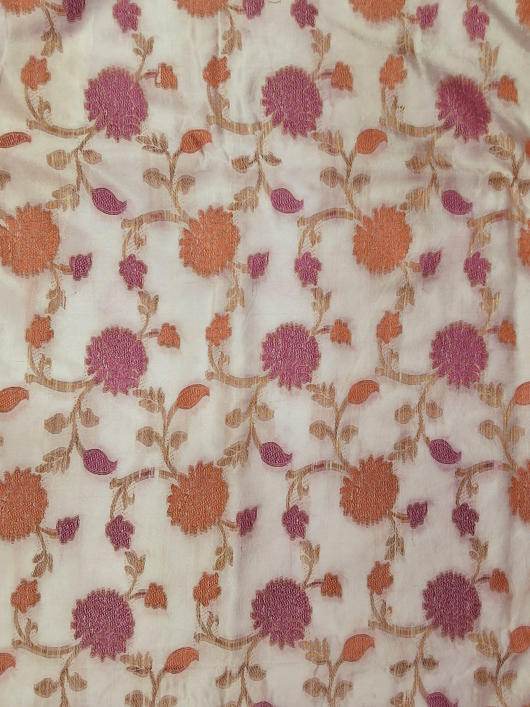White Floral Woven Silk Saree with Golden Zari Border