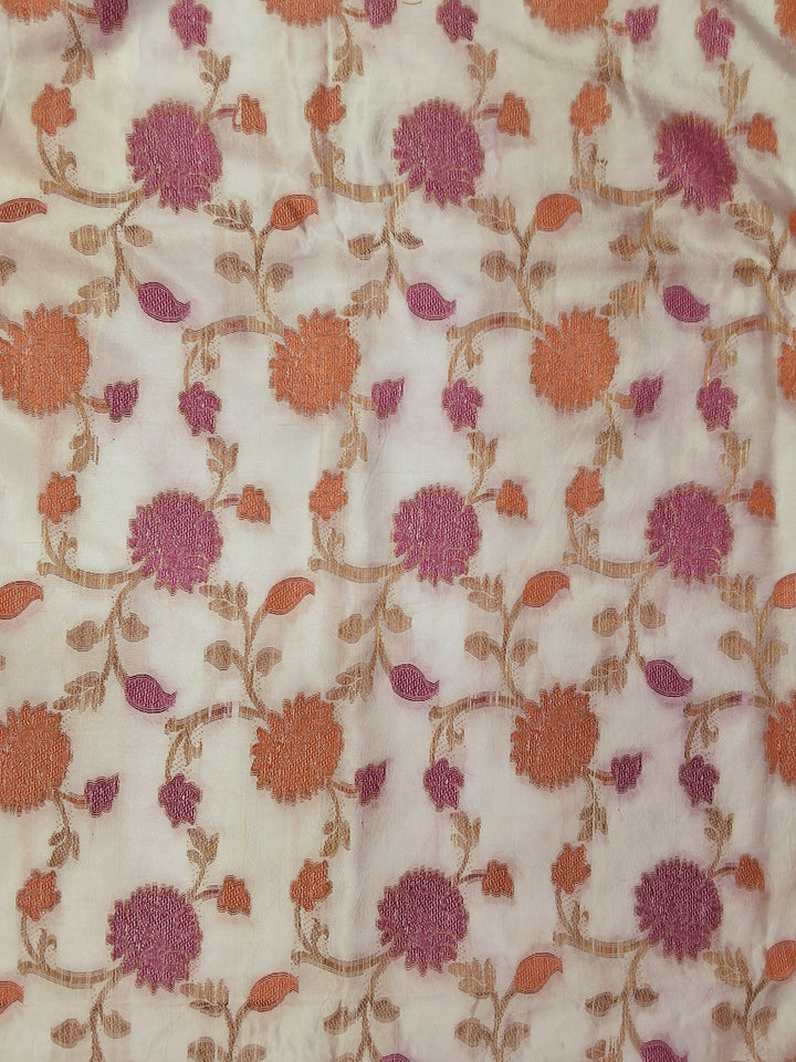 White Floral Woven Silk Saree with Golden Zari Border