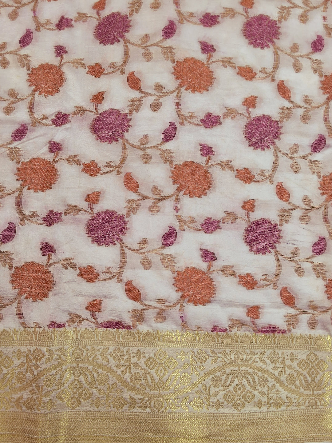 White Floral Woven Silk Saree with Golden Zari Border
