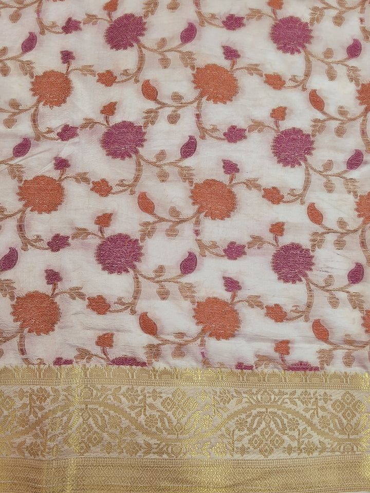 White Floral Woven Silk Saree with Golden Zari Border