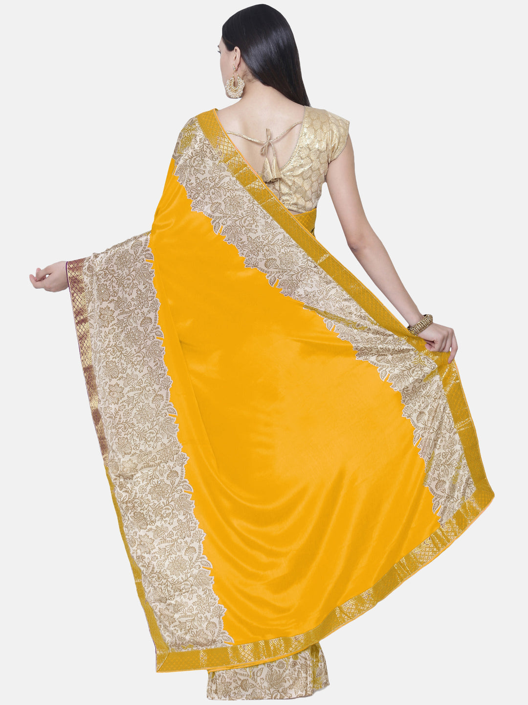 Satin Silk Saree with Floral Print and Zari Woven Border