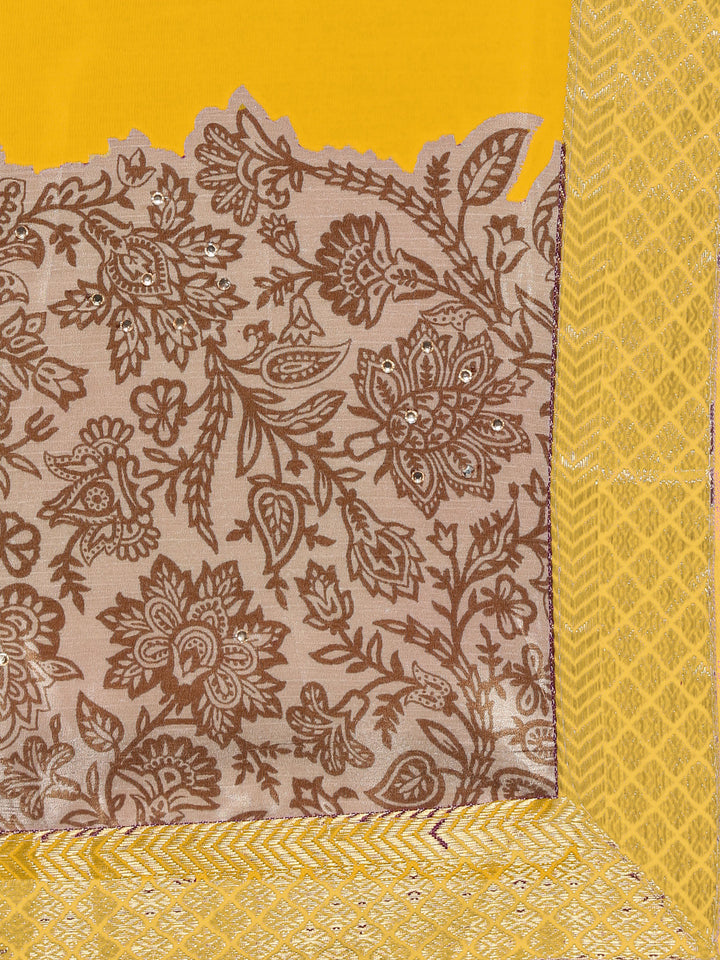 Satin Silk Saree with Floral Print and Zari Woven Border