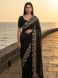 Georgette Sequin Embroidered Saree with Floral Border and Blouse Piece