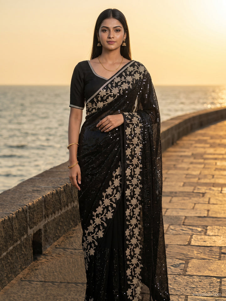 Georgette Sequin Embroidered Saree with Floral Border and Blouse Piece
