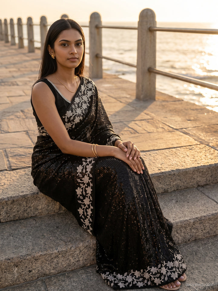 Georgette Sequin Embroidered Saree with Floral Border and Blouse Piece