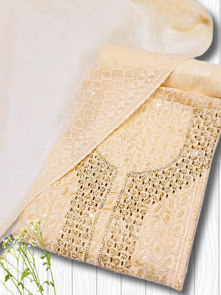 Georgette Schiffli Resham Crystal Embellished Dress Material with Embroidered DUpatta