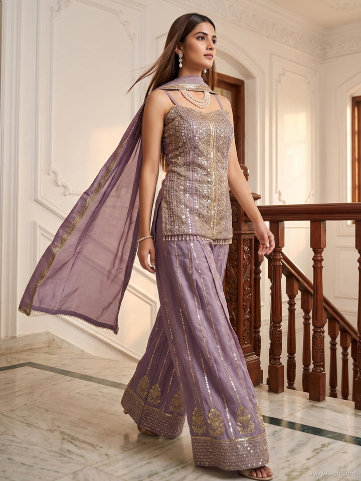 Mauve Sequin Embroidered Sharara Suit with Halter Neck Kurti