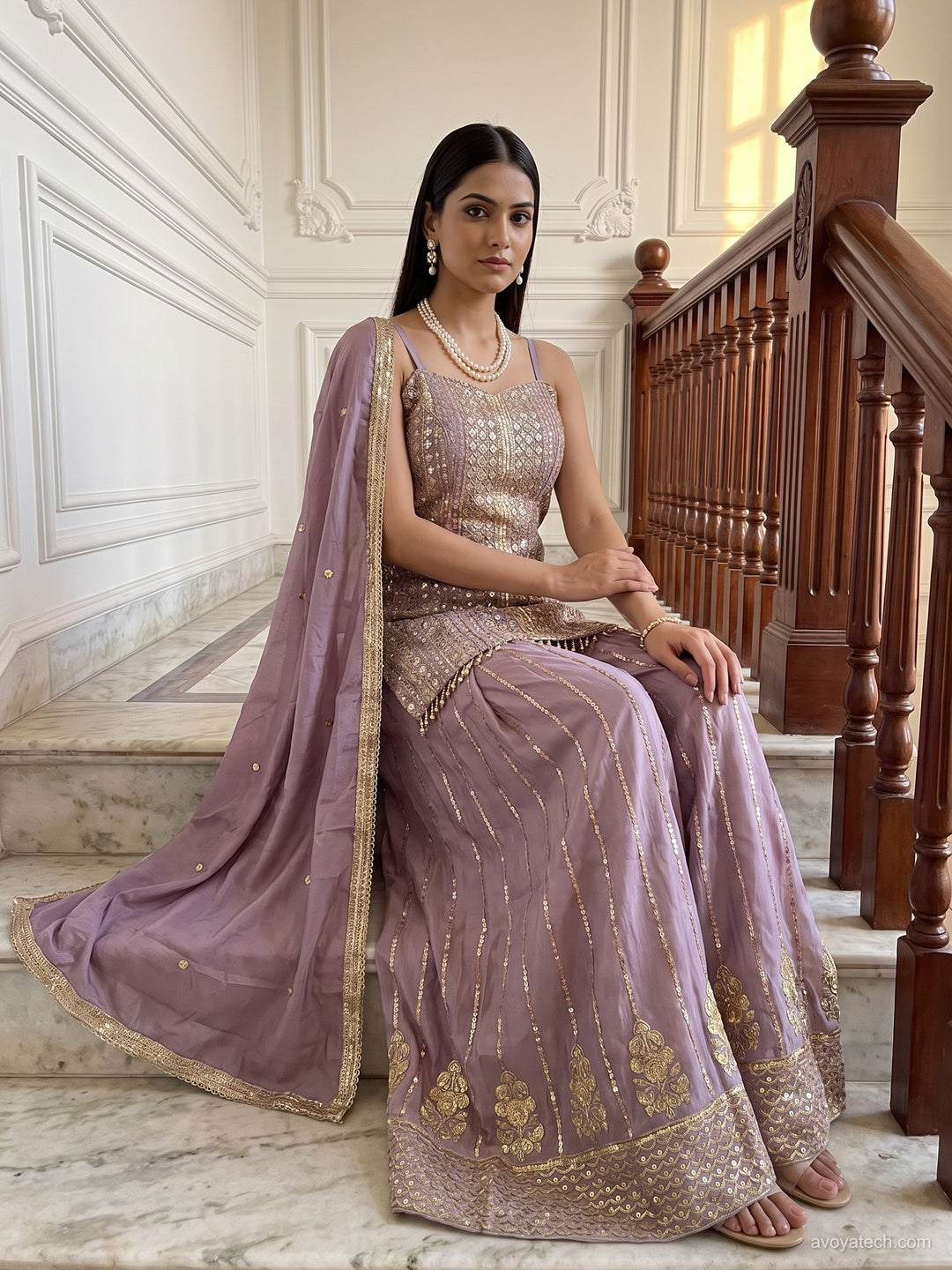 Mauve Sequin Embroidered Sharara Suit with Halter Neck Kurti