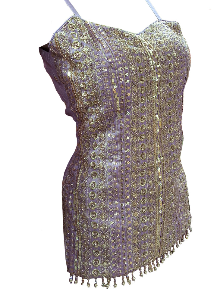 Mauve Sequin Embroidered Sharara Suit with Halter Neck Kurti