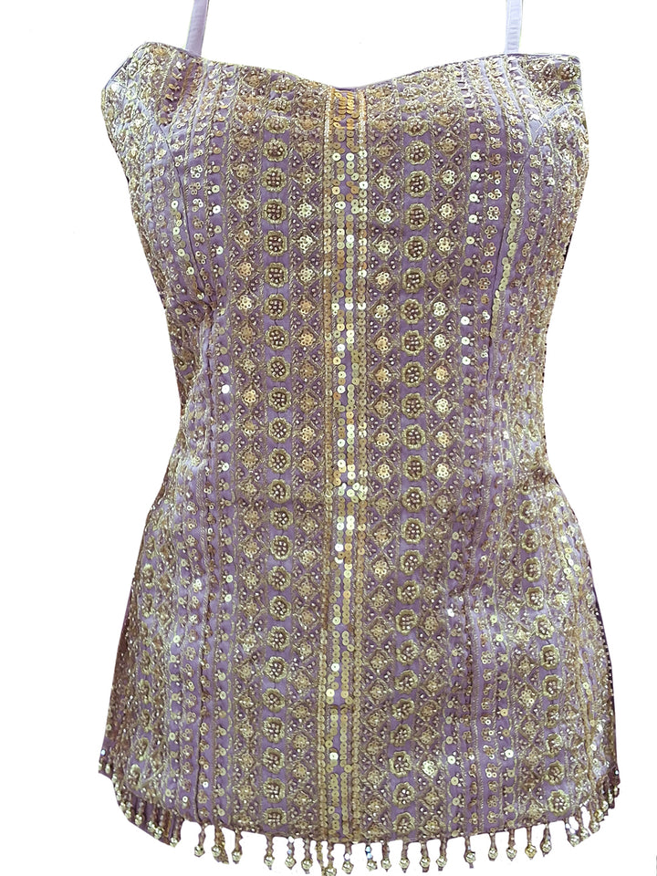 Mauve Sequin Embroidered Sharara Suit with Halter Neck Kurti
