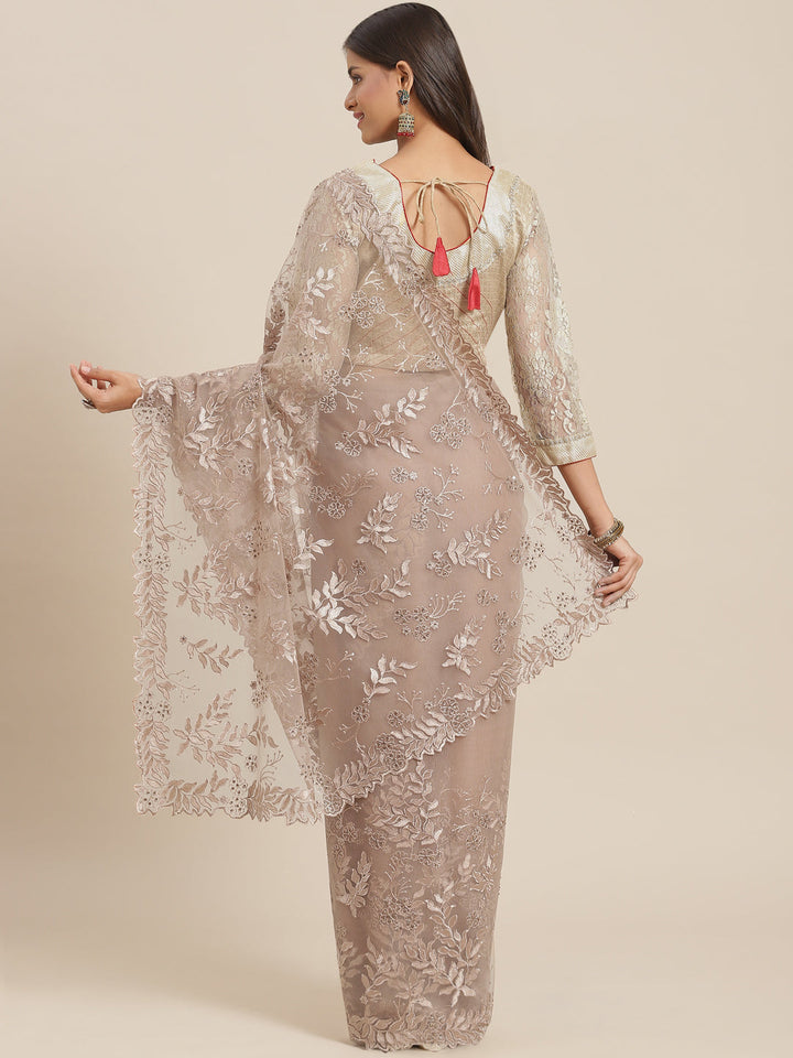 Nude Gold Floral Resham Embroidered Tulle Saree With Cut-Work Border