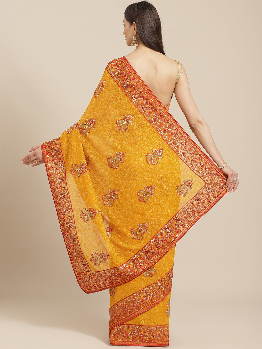 Mustard Georgette Heavy Resham Embroidery Saree With Intricate Paisley Motifs