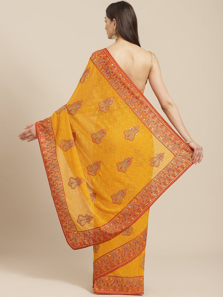 Mustard Georgette Heavy Resham Embroidery Saree With Intricate Paisley Motifs