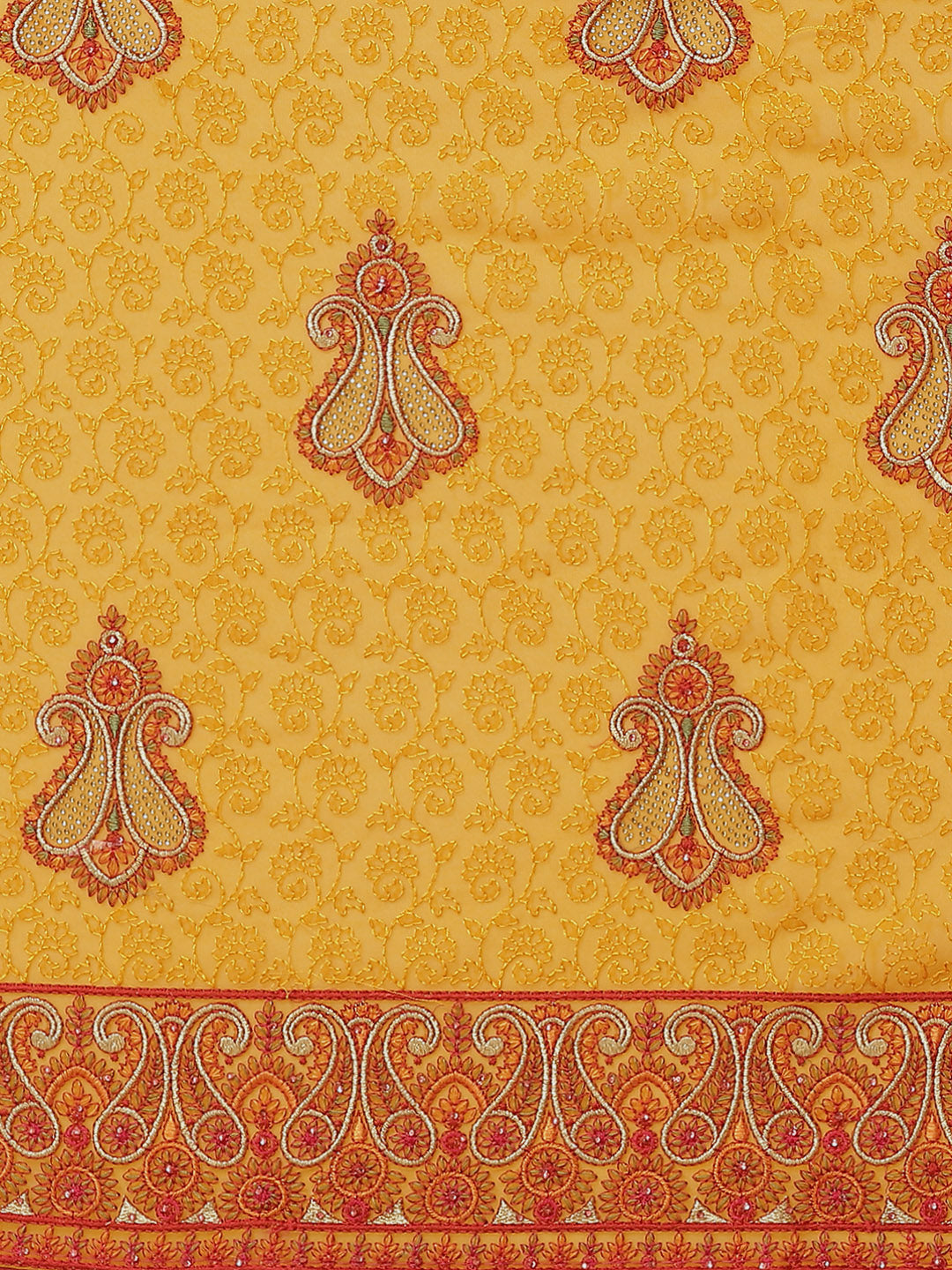 Mustard Georgette Heavy Resham Embroidery Saree With Intricate Paisley Motifs