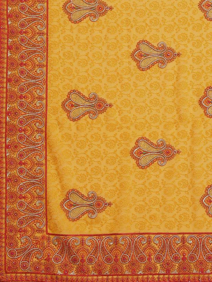 Mustard Georgette Heavy Resham Embroidery Saree With Intricate Paisley Motifs