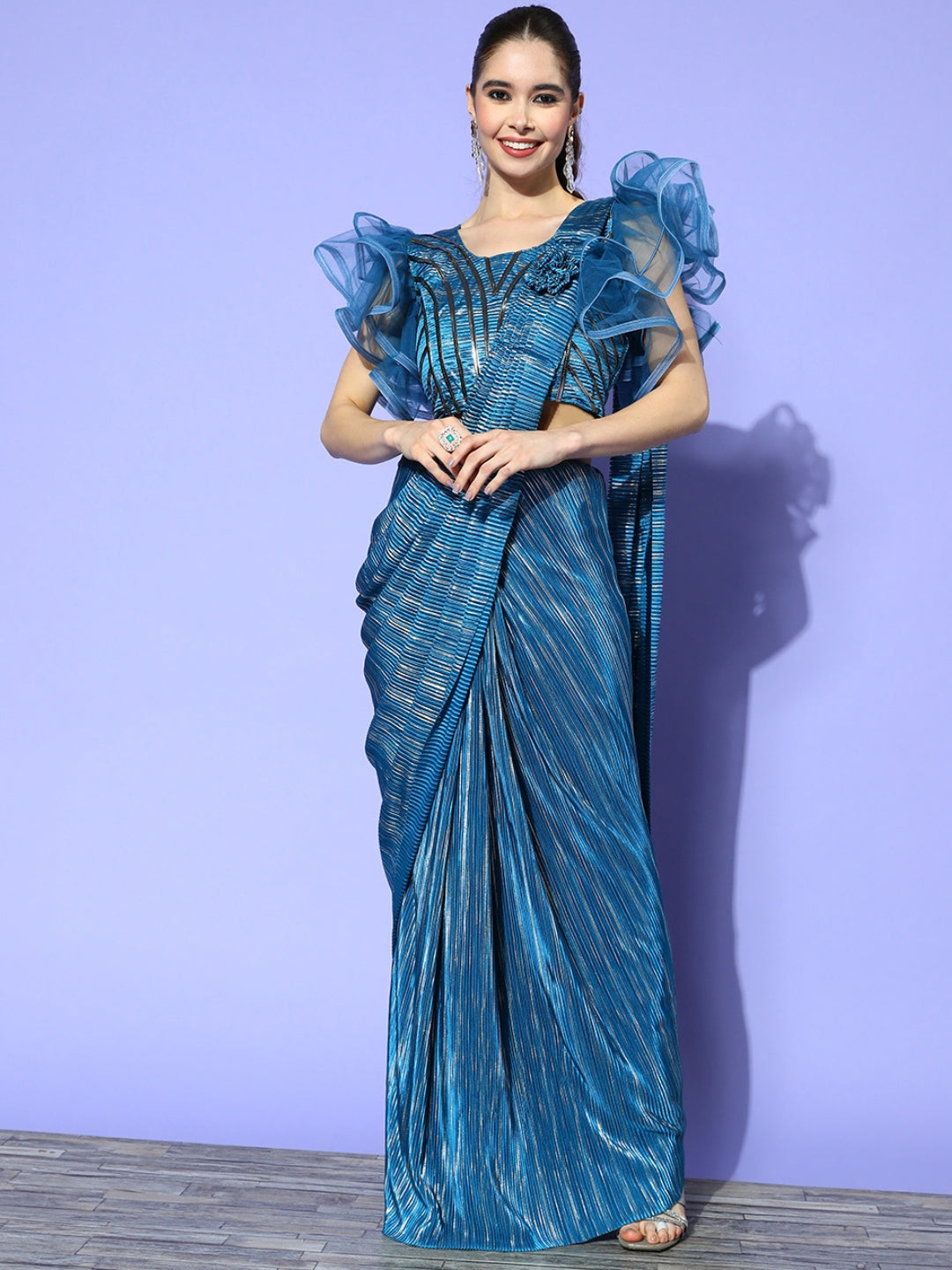 Blue Lycra Pleats Belt Saree & Silver Applique Embellished Blouse