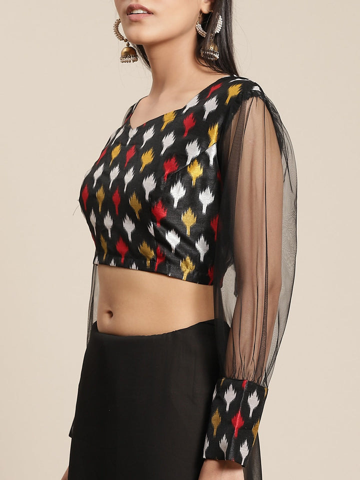 Fusion Black Georgette Ruffed Saree With Bold Ikat inspired Prints