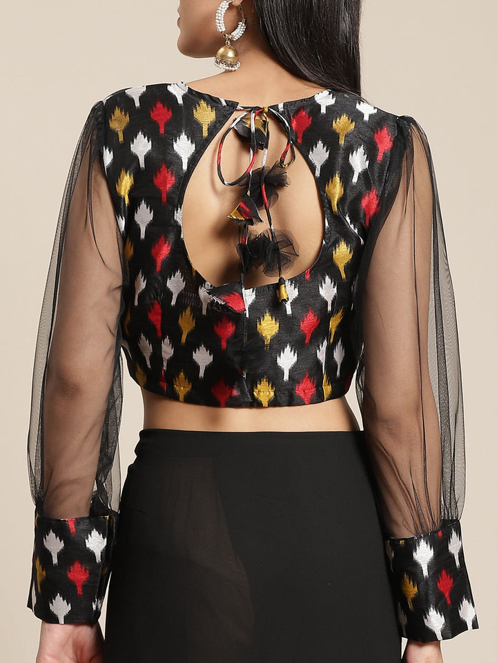Fusion Black Georgette Ruffed Saree With Bold Ikat inspired Prints