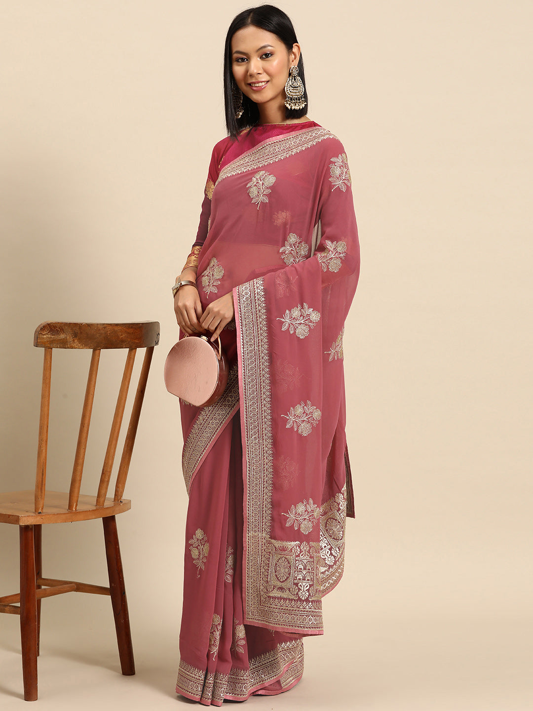 Chhabra 555 Dusty Pink Gold Thread Aari Embroidery & Swaroaski Embellished Ethnic Georgette Saree