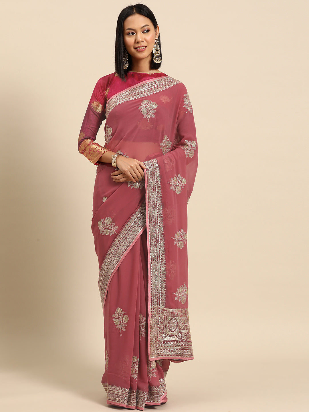 Dusty Pink Gold Thread Aari Embroidery & Swarovski Georgette Saree