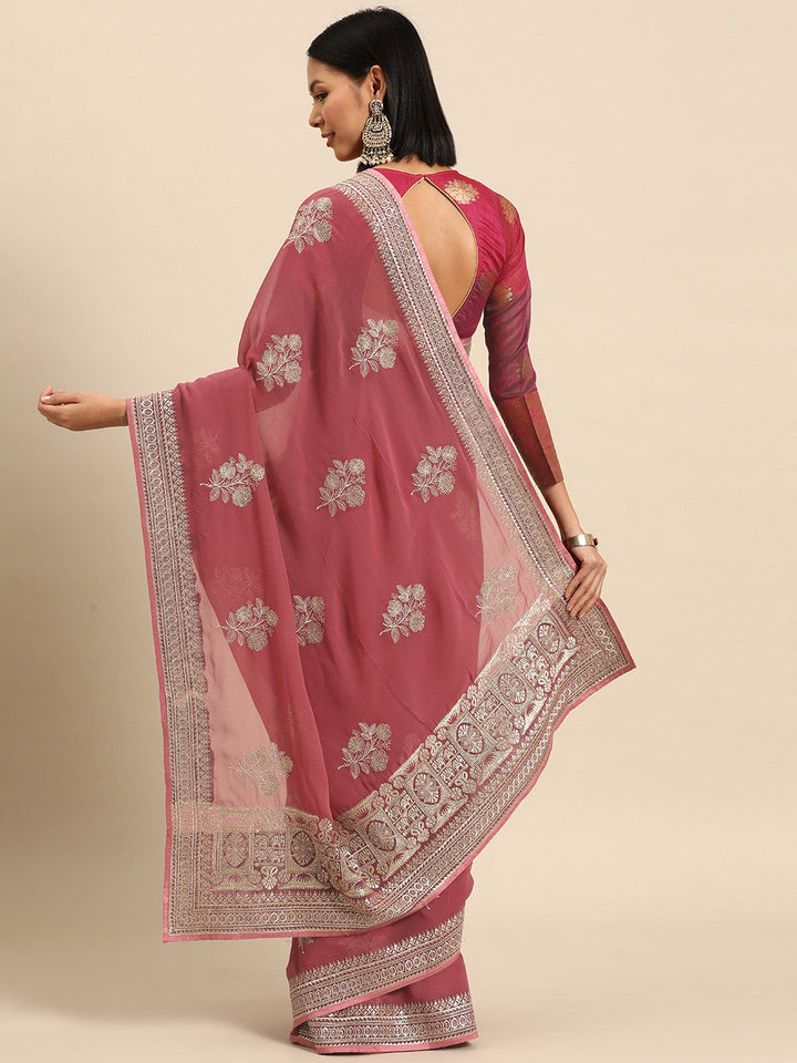 Dusty Pink Gold Thread Aari Embroidery & Swarovski Georgette Saree