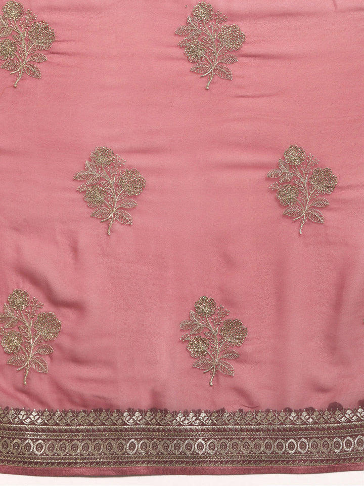 Dusty Pink Gold Thread Aari Embroidery & Swarovski Georgette Saree