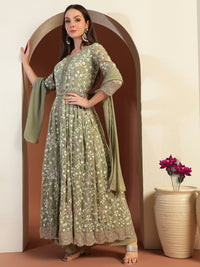 Chhabra 555 Chikankari Thread Embroidered High Slit Kurta set with Scalloped Sequinned Border & Belt