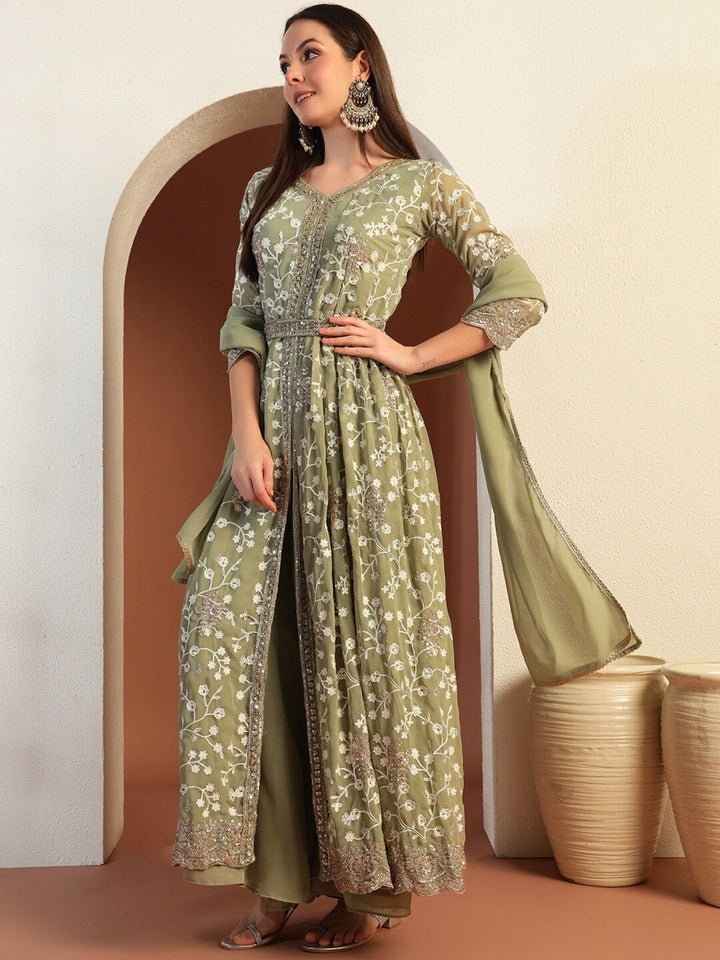 Chikankari Thread Embroidered High Slit Kurta set with Scalloped Sequinned Border & Belt