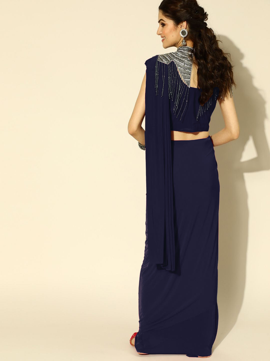 Ruffled Pre-Draped Saree with Tribal Embellished Necklace with Tassles