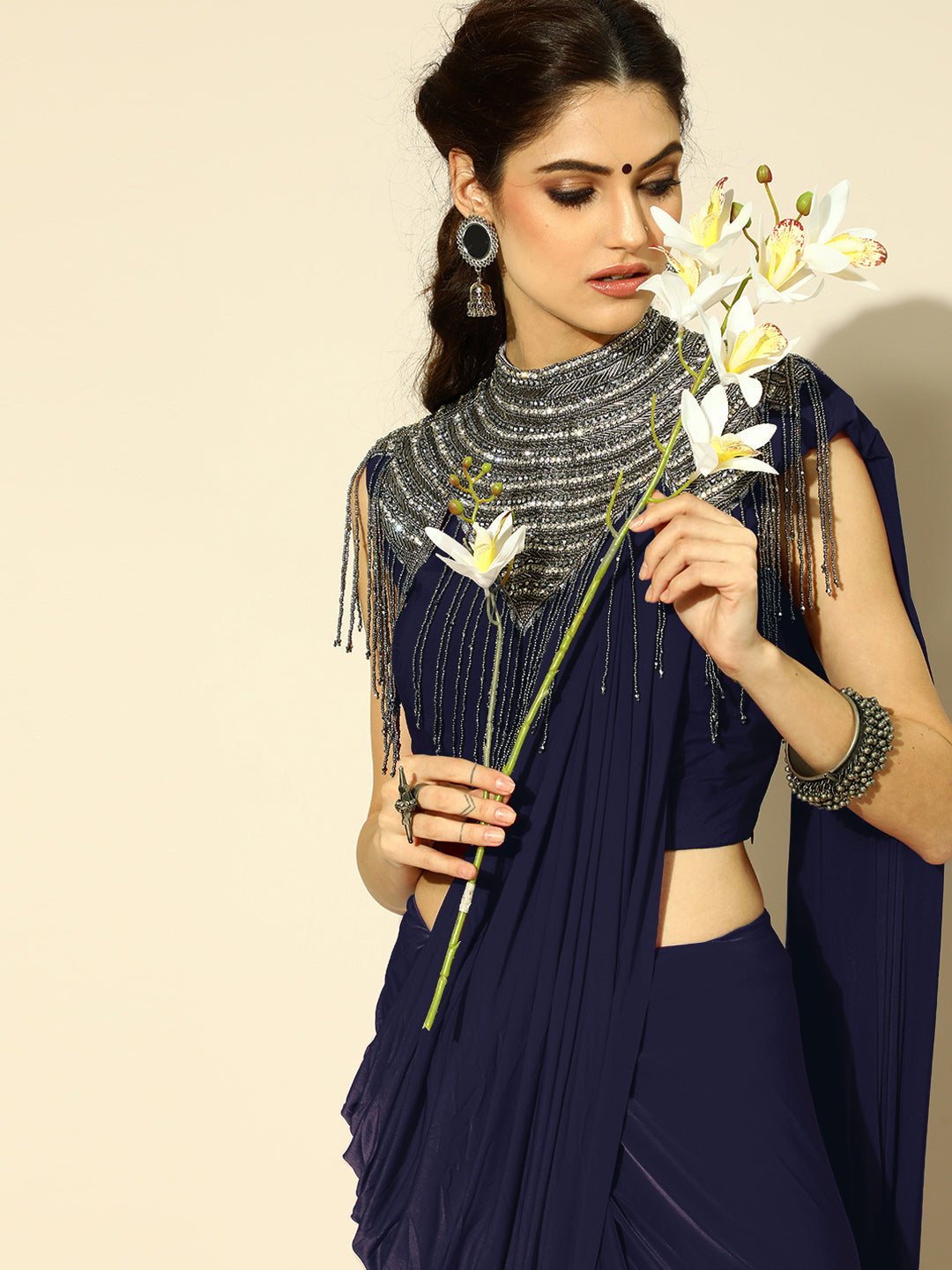 Ruffled Pre-Draped Saree with Tribal Embellished Necklace with Tassles