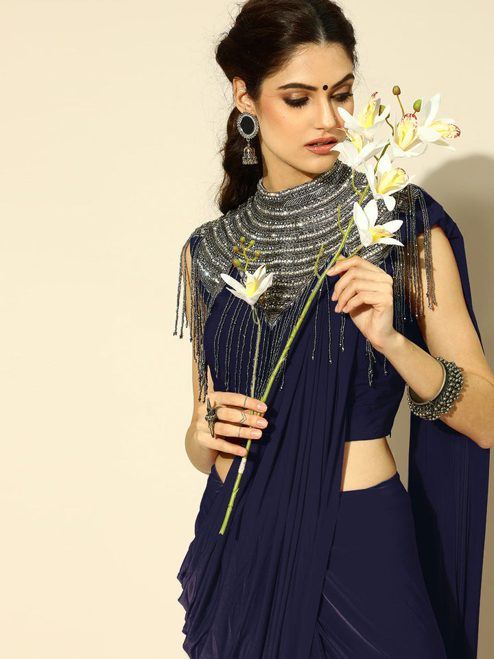 Ruffled Pre-Draped Saree with Tribal Embellished Necklace with Tassles