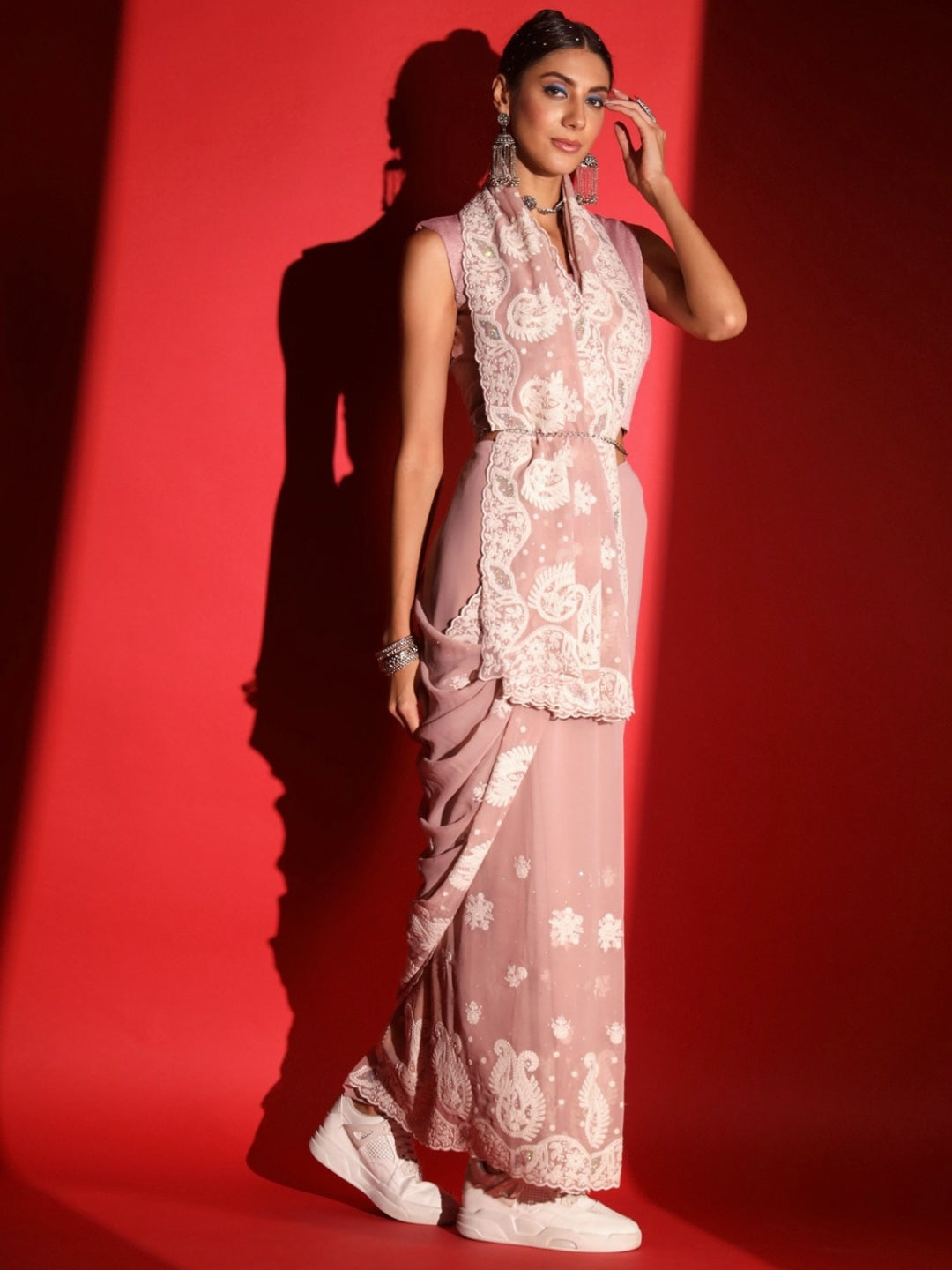 Pastel Resham Thread Embroidered & Crystal Embellished Saree