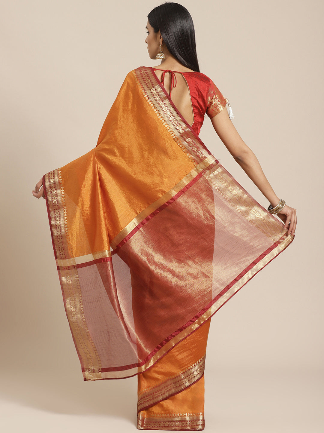 Mysore Silk Saree with Contrast Zari Floral Motif Weaving Border