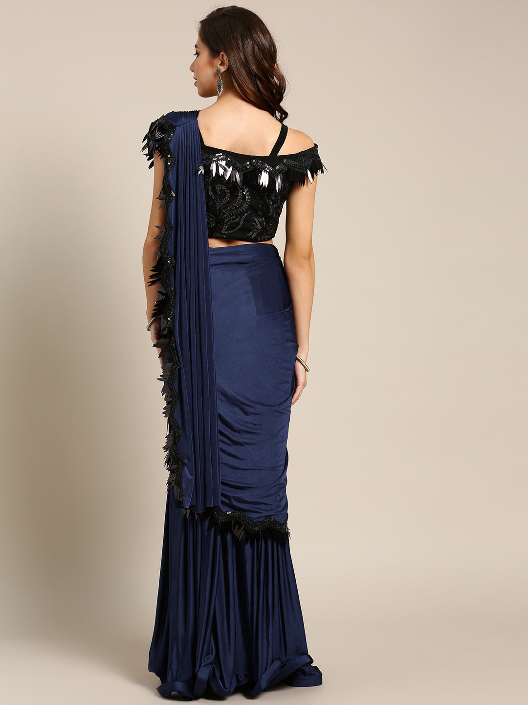 Ruffled Pre-stitched Saree with Festive Layering & Bling Embroidery Off Shoulder Blouse