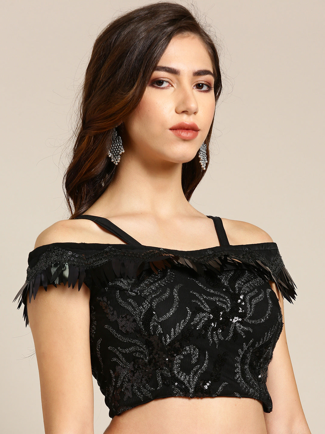 Ruffled Pre-stitched Saree with Festive Layering & Bling Embroidery Off Shoulder Blouse
